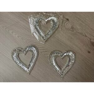 New Silver Sequin Beaded Cut Out Heart Appliqué Patch 4.5” - Lot of 3